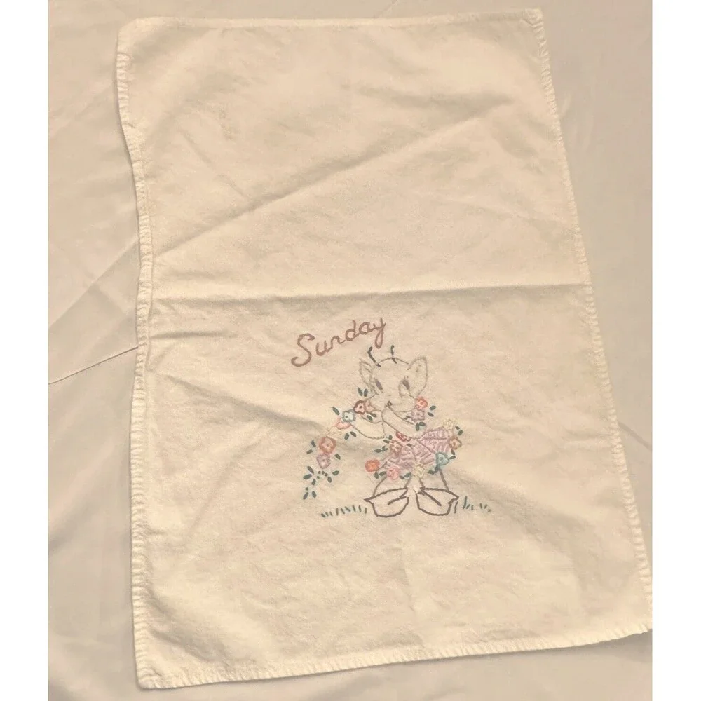 2 Dish Tea Towel Set Embroidered Days of the Week Pixie Elves Anthropomorphic